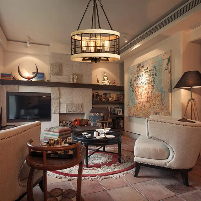 White oak and black metal finishes, suitable for bedroom, kitchen island, stairwell, country farmhouse 4 lamp chandelier