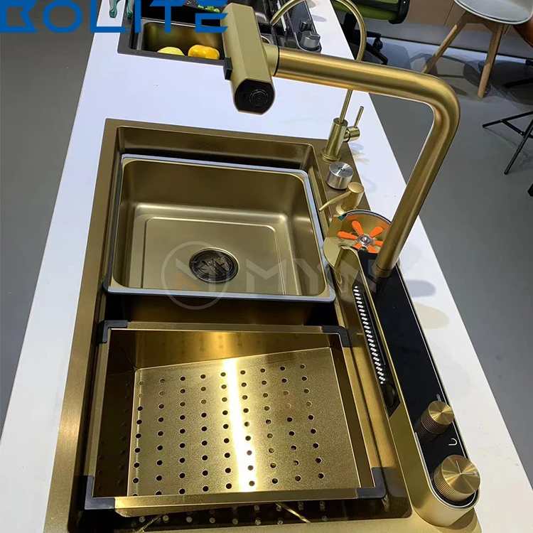 Waterfall Style Kitchen Sink Gold 304 Stainless Steel Modern Multifunctional Large Kitchen Sink