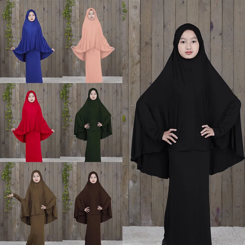
 Традиционный хиджаб Abaya, одежда для девушек из двух частей, мусульманская молитвенная одежда, Паранджа, детская однотонная свободная Большая одежда, Исламская одежда  