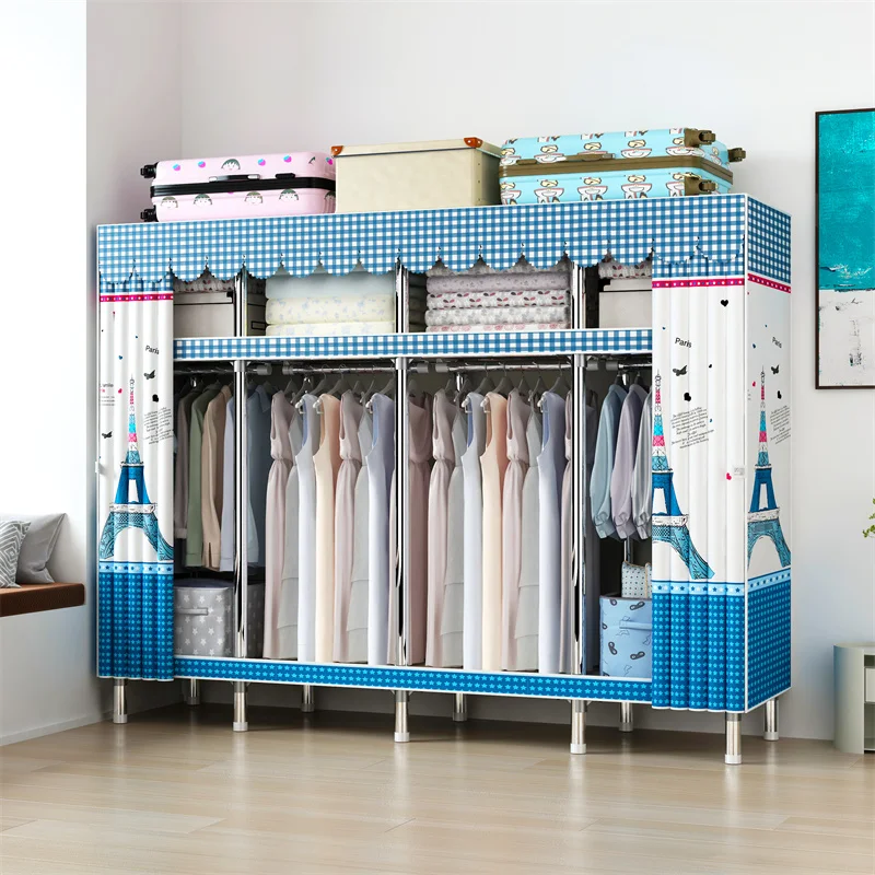 4-Column Collapsible Portable Canvas Wardrobe with Steel Frame Foldable Clothes Hanging Closet Mobile Cupboard