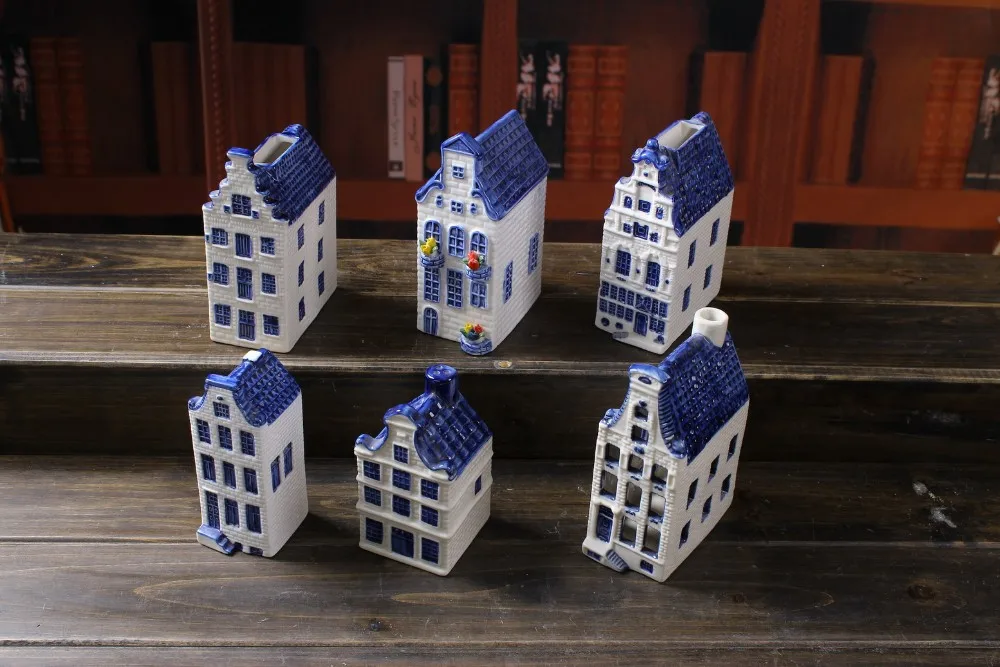 Ceramic Europe style KLM  Delft Blue House and white stoneware lighthouse candle holder home decoration wedding gifts