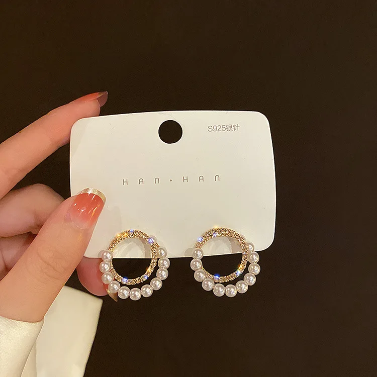 Korea ins beautiful simple gold plated 925 Silver needle Inlaid zircon with Pearl stud Earrings for ladies