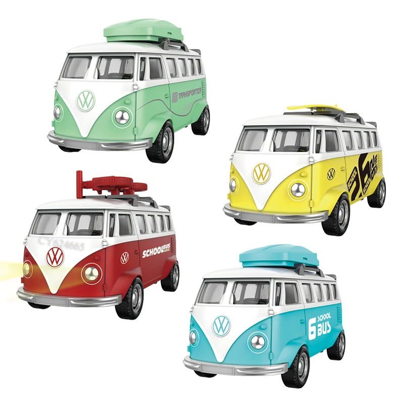 1:36 Pull Back Diecast School Bus City Bus With Light Music Open Door Car Roof Luggage Carrier 4 Styles Toy Bus
