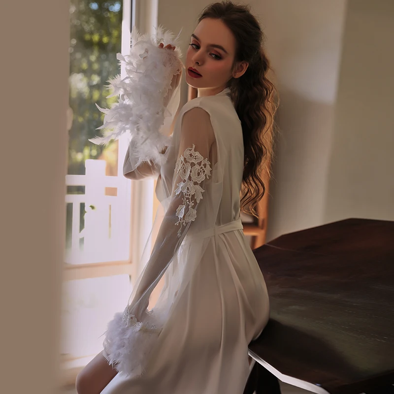 appeal Imitated silk splice netting cuff frenum robe Sexy underwear Sexy pajamas