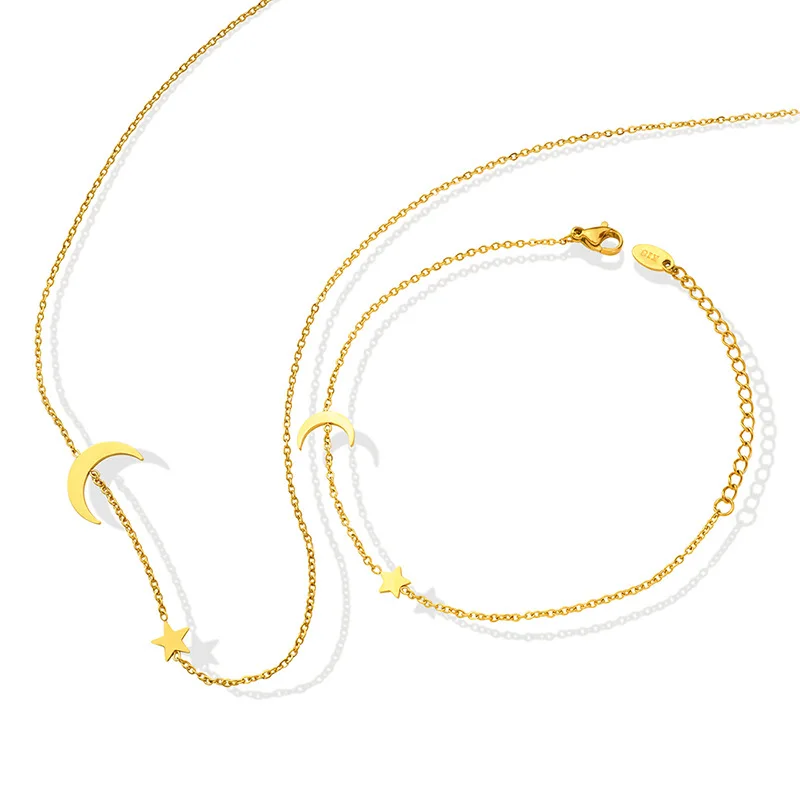 18K Gold Plated Stainless Steel Jewelry Set Star & Moon Charm Bracelets Necklace