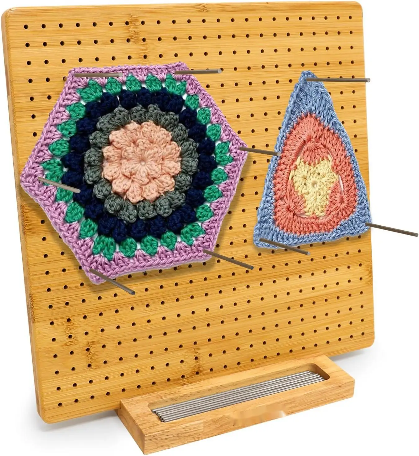 Blocking Board for Crocheting with 15 Stainless Steel Rods Crochet Blocking Board Large Base Bamboo Granny Square with Pegs