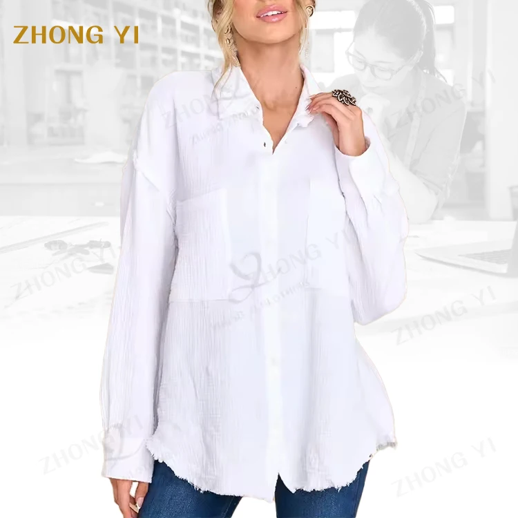 OEM ODM Custom Casual Lady Long Sleeve Loose Pocket Ladies Shirt Essential Button Down Basics White Solid Women Top Blouses