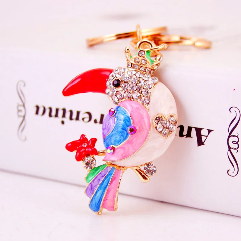 Luxury Metal Accessories Eco Friendly Paints Cartoon Cute Crystal Bird Rhinestone Keychain