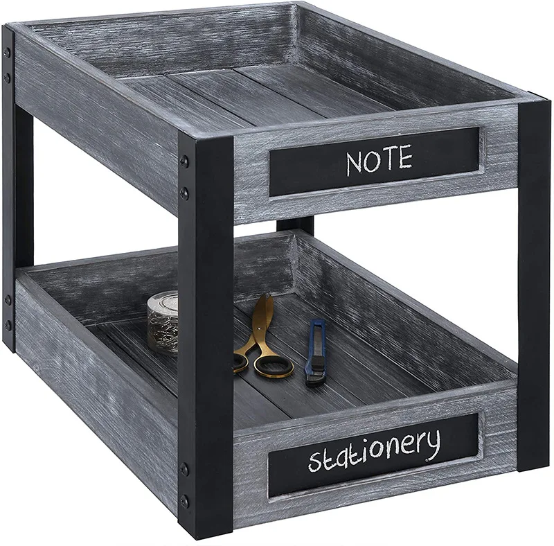
2 Tier Rustic Torched Wood Desktop Document Tray with Chalkboard Labels 