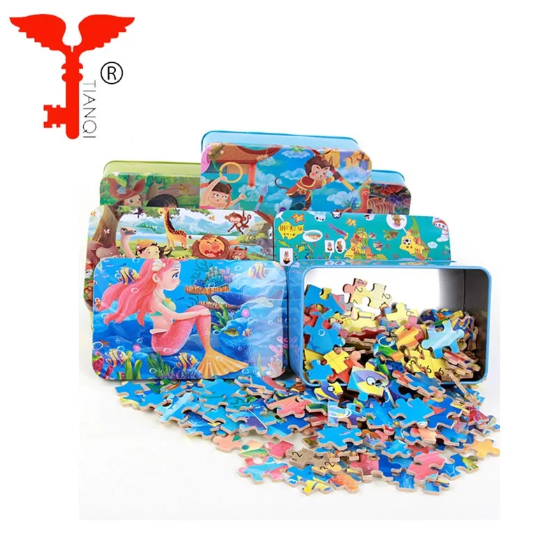 New Custom Wholesale Educational  Game Toy Children Animal  Cartoon Wooden Jigsaw Puzzle With Iron Box For Kids