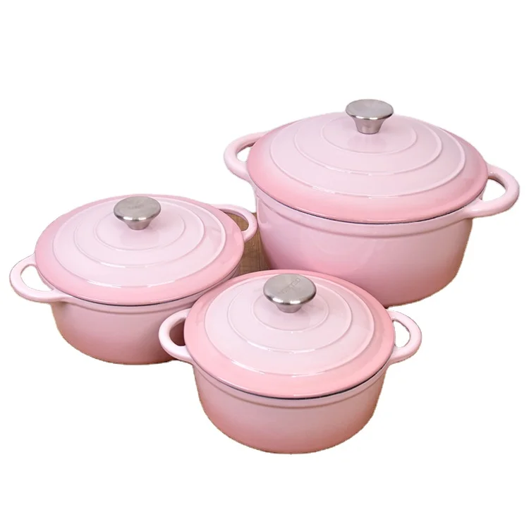 20/22/24/26/28CM Enameled Cast Iron Dutch Oven with Self Basting Lid, Non-stick Enamel Coated Cookware Pot Pink 3 QT