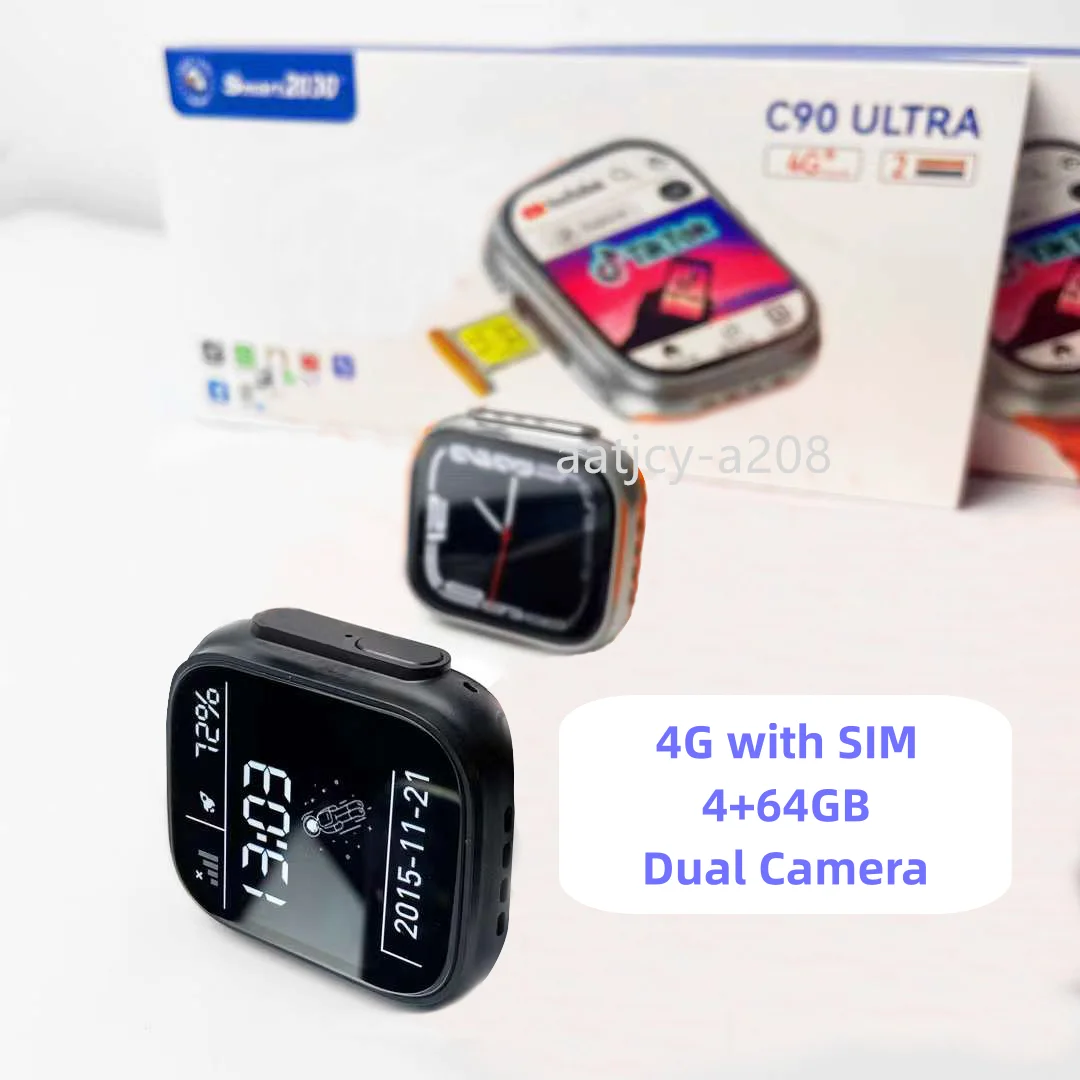 Rotatable C90 Ultra 4G Smart Watch Android Sim Card Support with Camera 2.1 Inch Big Screen WIFI GPS 4+64GB S8 Ultra Smart Watch