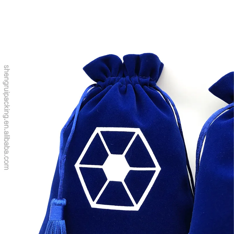 Blue Velvet Bag With Tassel Drawstring Velvet Storage Bag for Dice Velvet Mirror Cosmetic Pouch