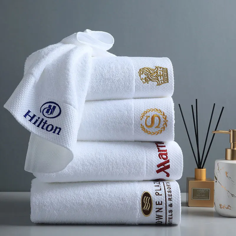 Hot Selling custom hotel logo white towels 100% Cotton Dobby border Bath Towel Sets for spa bathroom