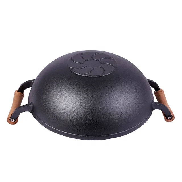 Hot Selling Cast Iron Cooking Cookware Wok Double Wooden Handle And Wooden Lid