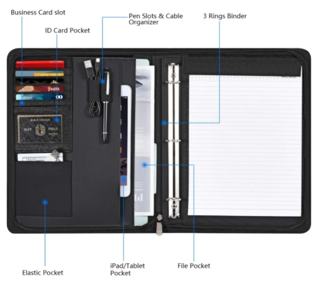 PU Leather Padfolio Business Resume Portfolio for A4 Document File Bag Zippered Business Padfolio with Notepad