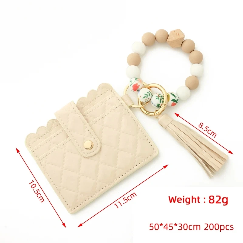 2024 Women Fashion Money Bag Wallet Card Bag Wristlet Keychain PU Leather Tassel Key Ring Silicone Bead Bracelet Key Chain