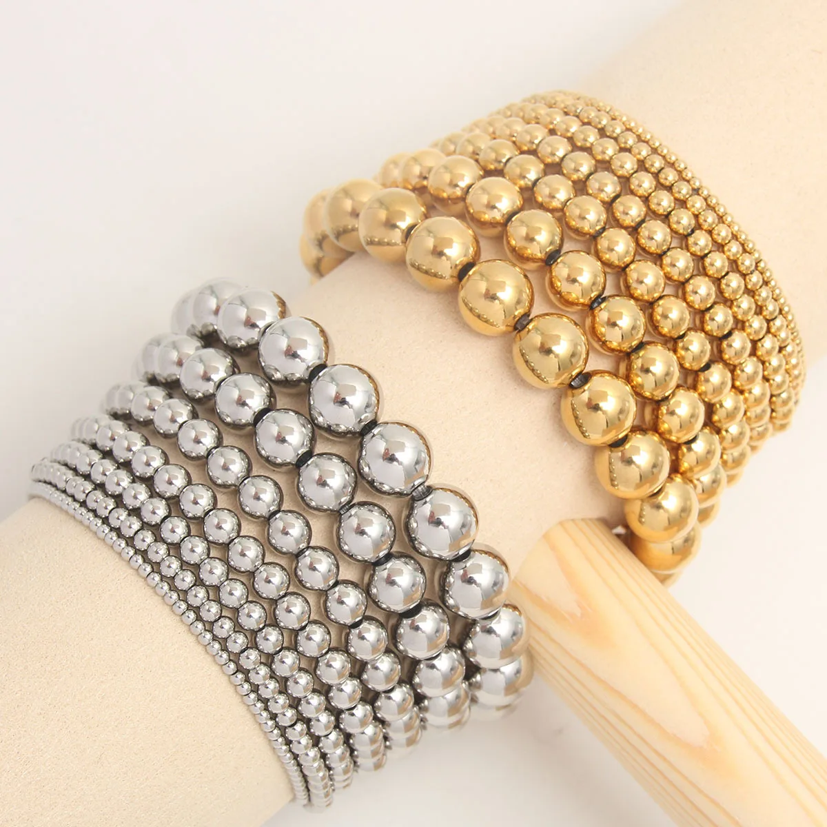 New Fashion Gold Plated Ball Bracelets Diameter 2-10mm Smooth Stainless Steel Bead Elastic Bracelet bijoux en acier inoxydable