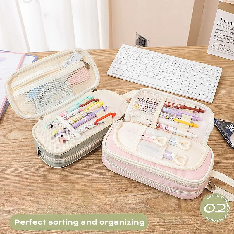 2024 Latest Large Capacity Simplistic Tri-Layer Composited Cloth Pencil Case with Handle for Students Three Layer Pencil Box