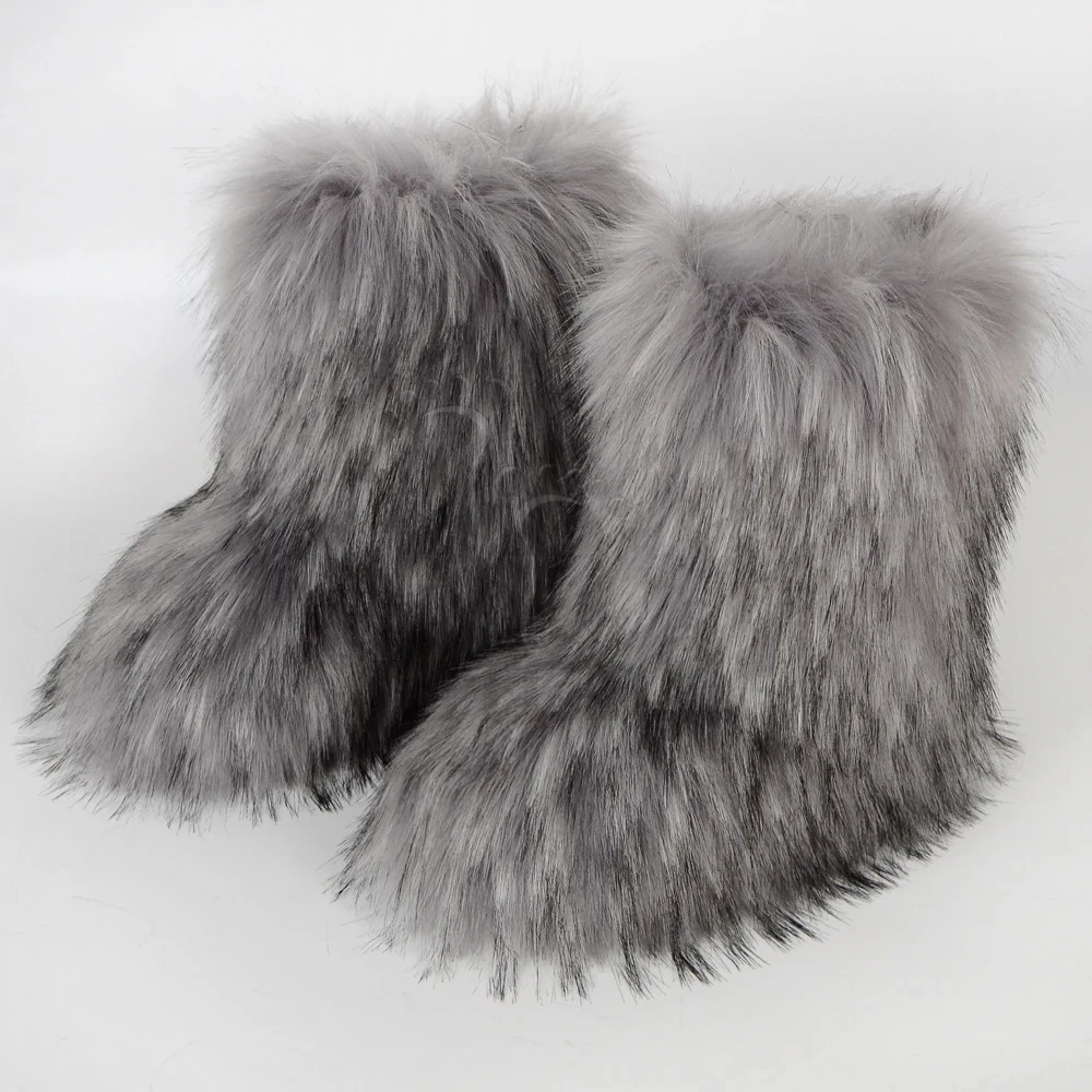Botas Winter Faux Fur Boots Wholesale Fake Raccoon Fur Mujer for Women 2024 Ladies Adult Plush Winter Shoes for Men Unisex Midi
