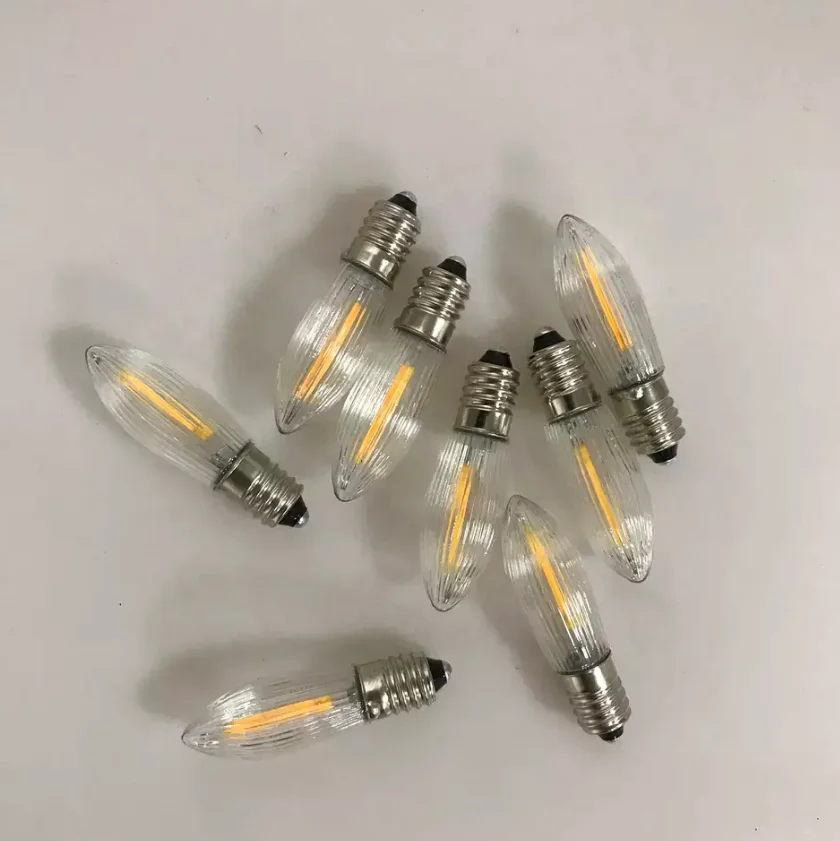 LED Filament Christmas Light Replacement Bulb 0.2W 8V-55V Miniature Candle Lamp C6 Striped Glass E10 Bridge Light Spare Bulbs