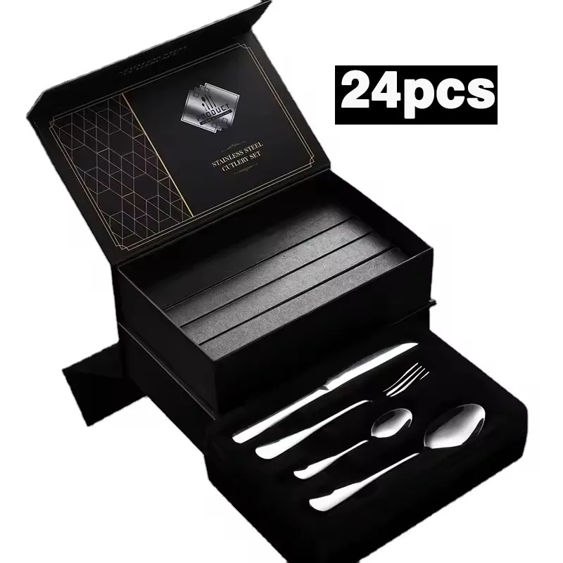 Customization Logo Stainless Steel Cutlery Set Wedding Gift Mirror Gold Knife Spoon Fork 24pcs Flatware Set With Gift Box