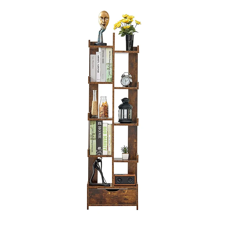 Small Spaces Tall Retro Wood Bookshelves Mid-Century Modern Bookcase Storage Organizer Shelf Tree Bookshelf with Drawers