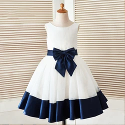 navy bow belt girls dresses white flower girl dresses