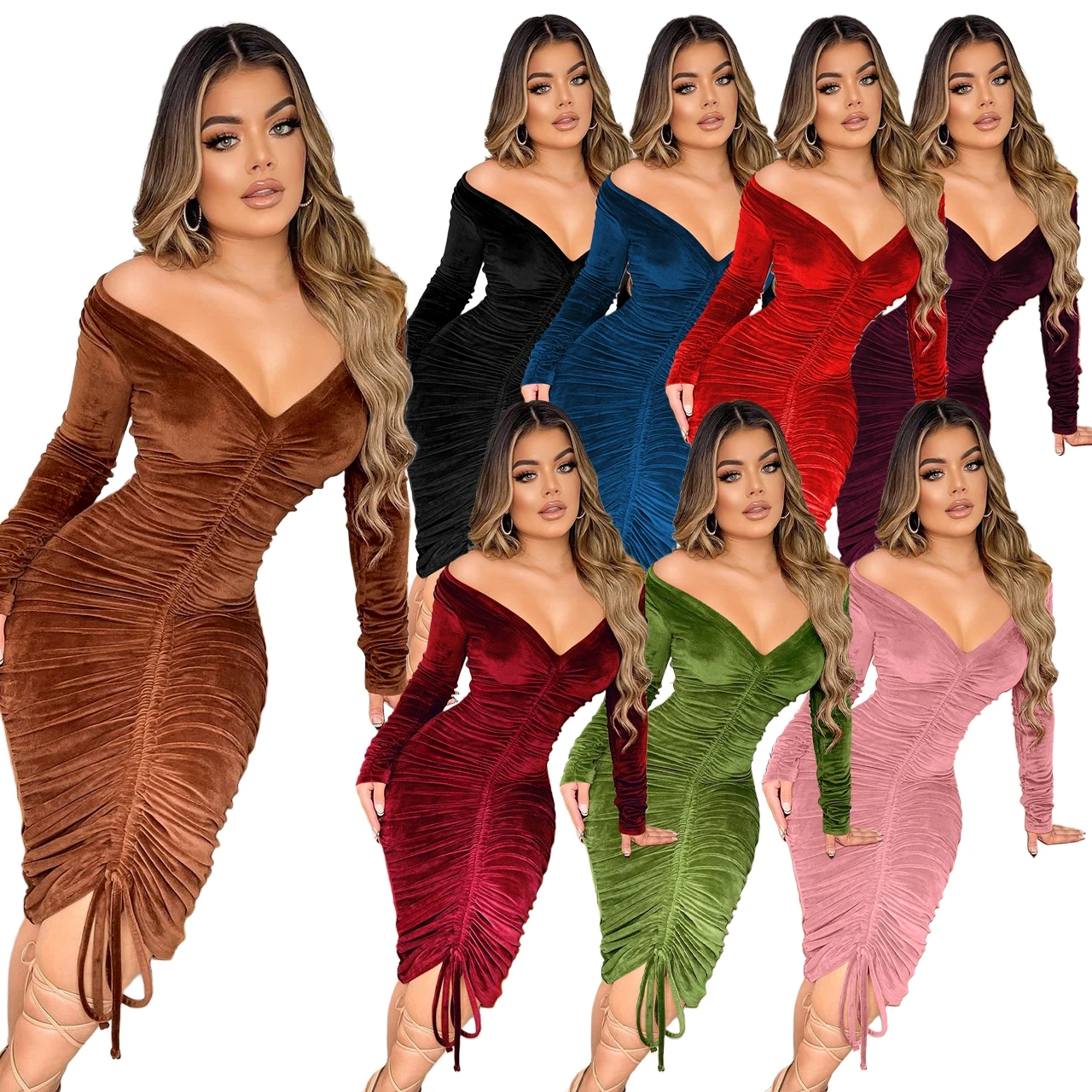Fashion Style Off Shoulder Pleated Dresses Latest Design Solid Velvet Bodycon Dress Party Wear Dresses For Women