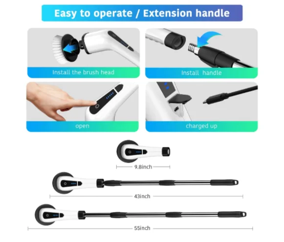 Electric Spin Scrubber 7 in 1, Shower Cordless Cleaning Brush with Extension Handle, Suitable for Cleaning Tile