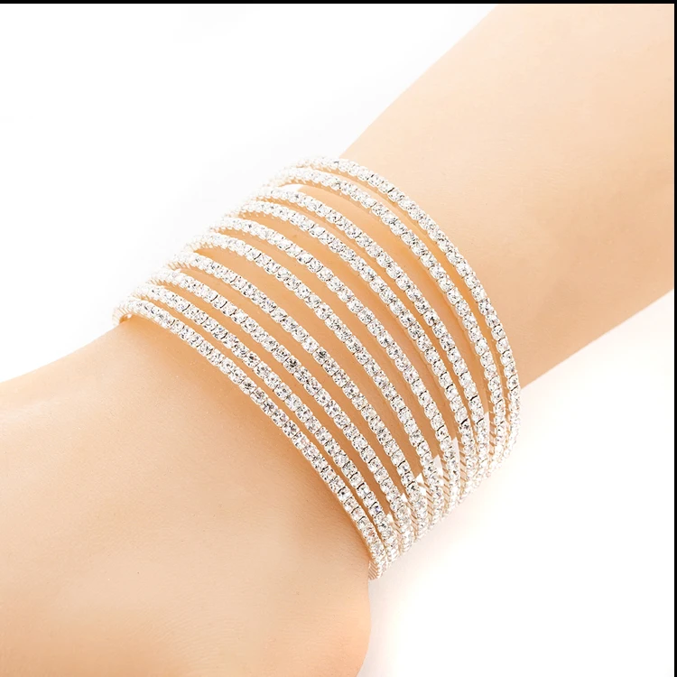 Wedding Wide multirows Crystal Bangle Stretch Crystal Rhinestone Cuff Bracelet for bodybuilding competition