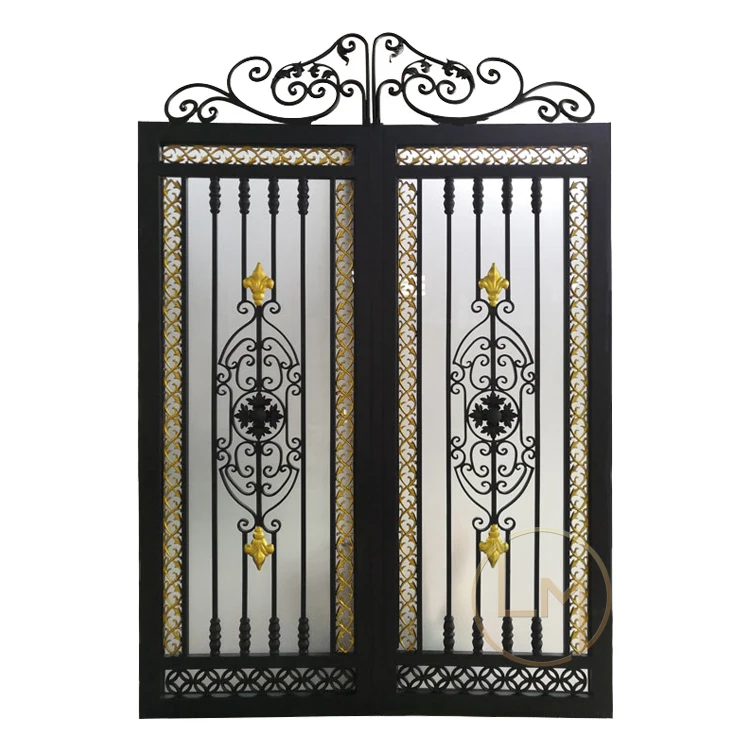 Роскошная Стильная черная дверь для внутреннего дворика с защитой от ржавчины, железные ворота с морозным стеклом для виллы (1600337082088)
