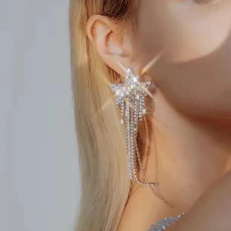Party Jewelry Luxury Earrings 2022 New Design Full Rhinestone Star Long Tassel Earrings Ins Earrings Ladies Jewelry
