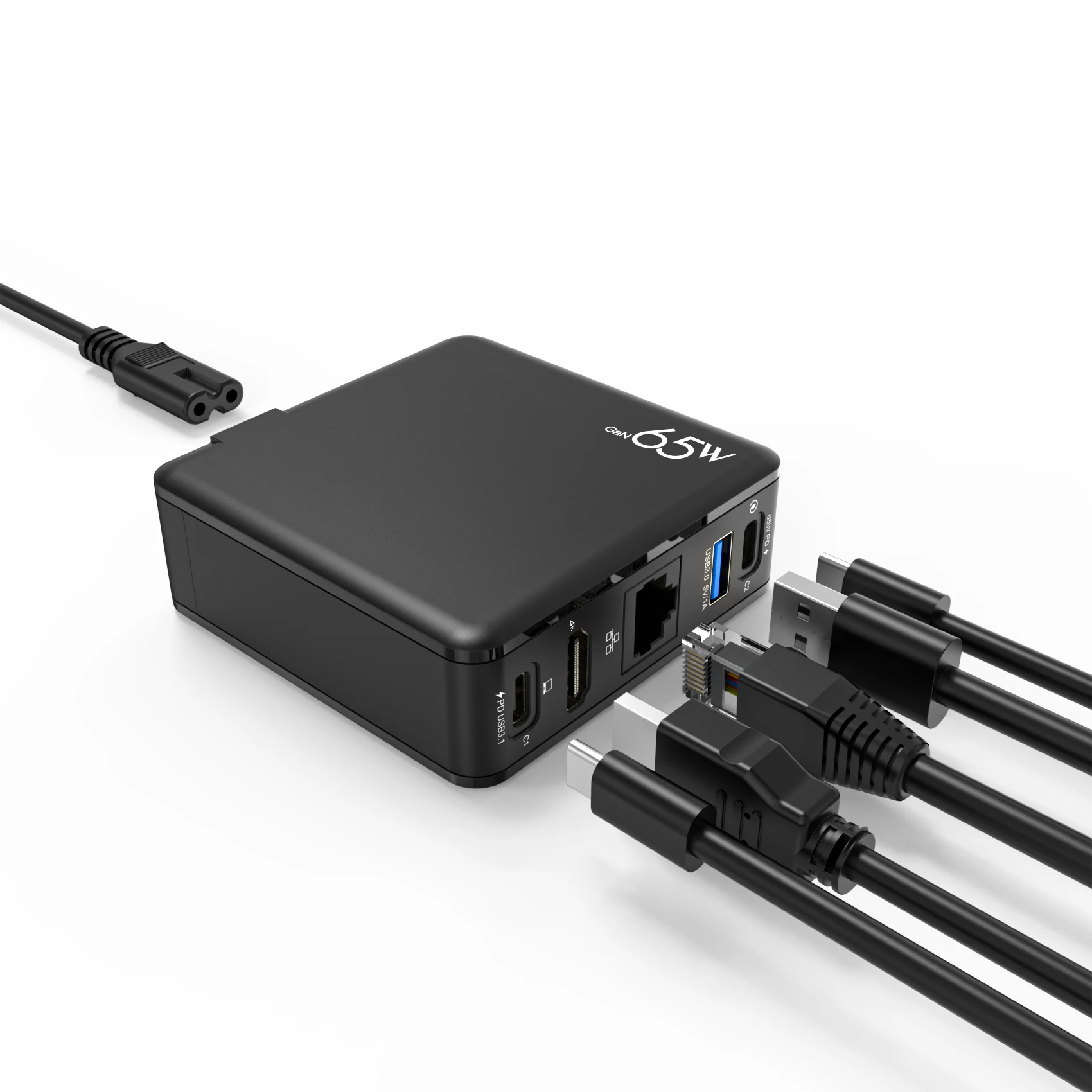 5 in 1 Docking Station USB C PD QC Fast Charger GaN Type-C HDMI USB3.0 RJ45 65W GaN Wall Charger Power Hub