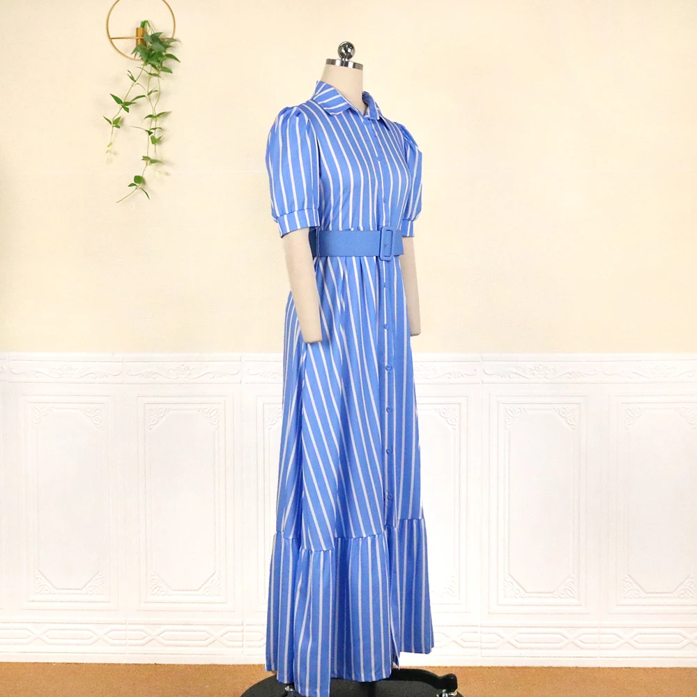YQY6401 New Arrivals Women Summer Dress Puff Sleeve Button Up Stripe Shirt Dress Elegant Ladies Office Dress With Belt
