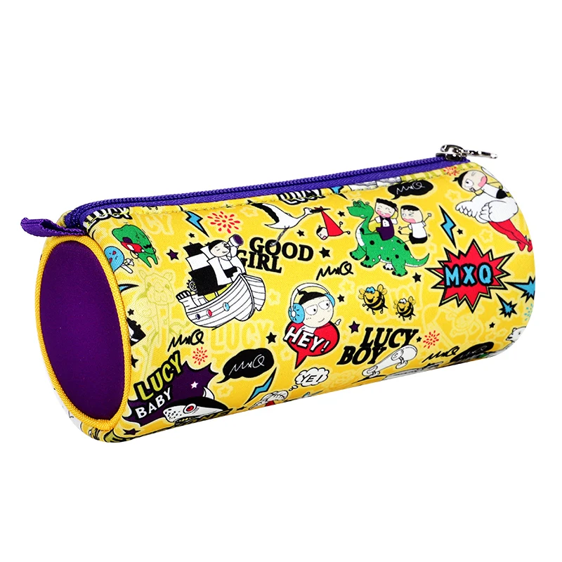 China factory round kids school stationery bag boy girls tube pencil bag polyester allover sublimation printing pen case