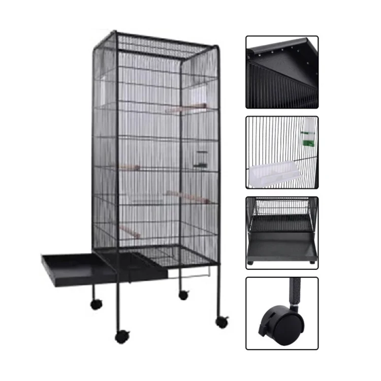 4 wheels Black Metal Wire Large Bird Cage Steel Wire Moving Bird Rabbit Parrot Rest Cage without roof