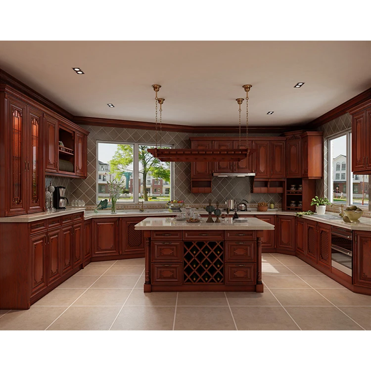 Custom european style red cherry real solid wood cabinet furniture rosewood kitchen cabinets set designs with island