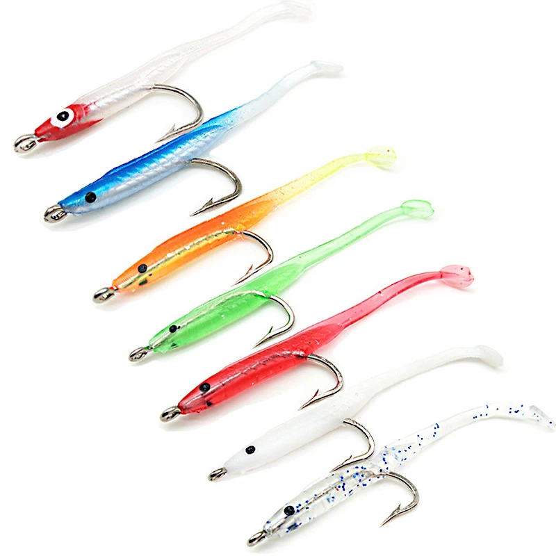 Wholesale  Sea Fishing 70mm 1g T Tail Soft Fishing Eel Lure with Hooks 10pcs/bag