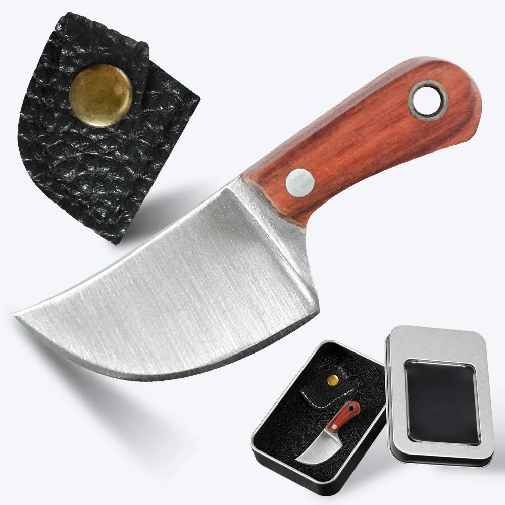 Full Tang Wood Handle 3cr14 Stainless Steel Necklace Keychain Decorations Box Cutter Utility Mini Things Key Knife With Iron Box