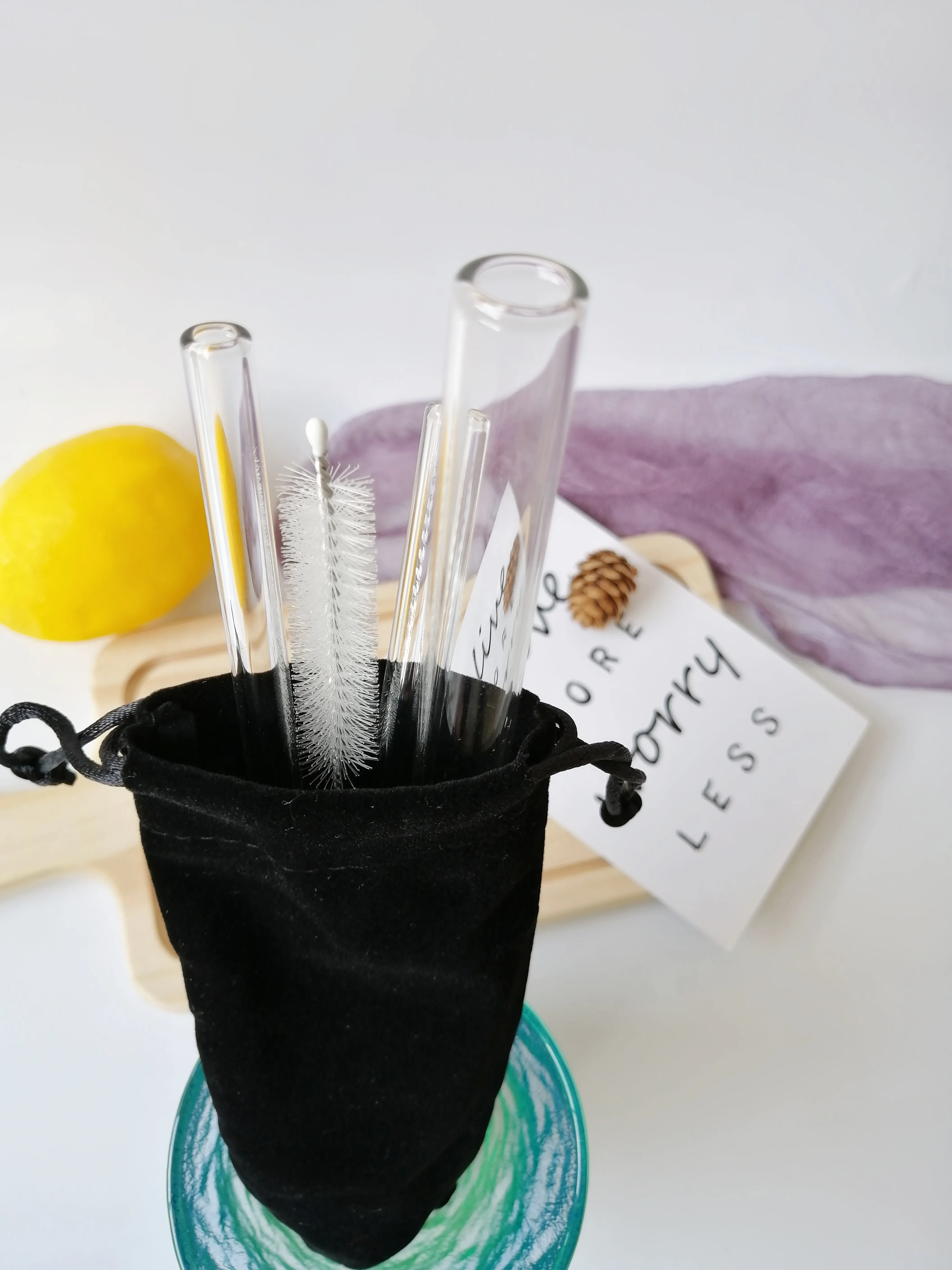 Reusable Glass Straw  3+1 Set  Eco Friendly Borosilicate Glass Drinking Boba Straw 14mm with  Pouch Bag Printed