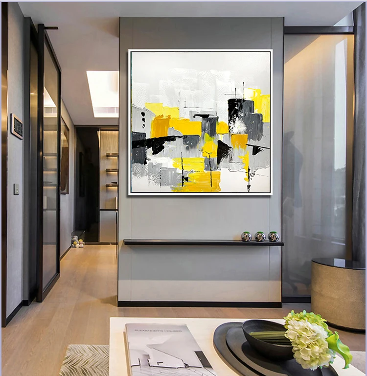 Modern Decoration Abstract Art Custom Framed 3D  Handmade On Canvas yellow and black color  Oil Painting