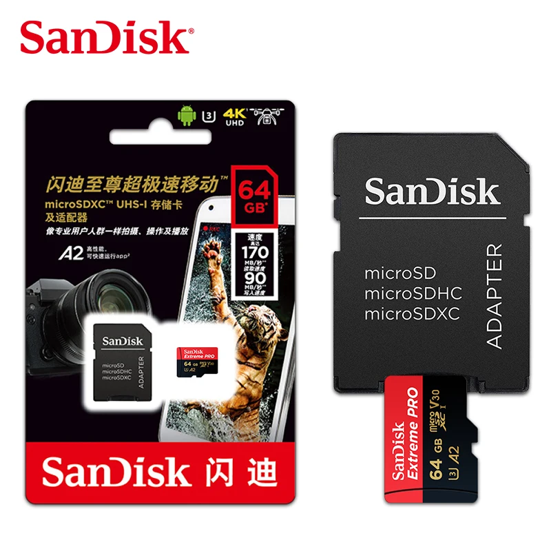  Оптовая продажа двойной флеш-накопитель SanDisk A2 Extreme PRO micro sd Card 64 Гб 128 ГБ 256 512 до 170 МБ/с. скорость чтения U3 флэш-памяти TF/SD
