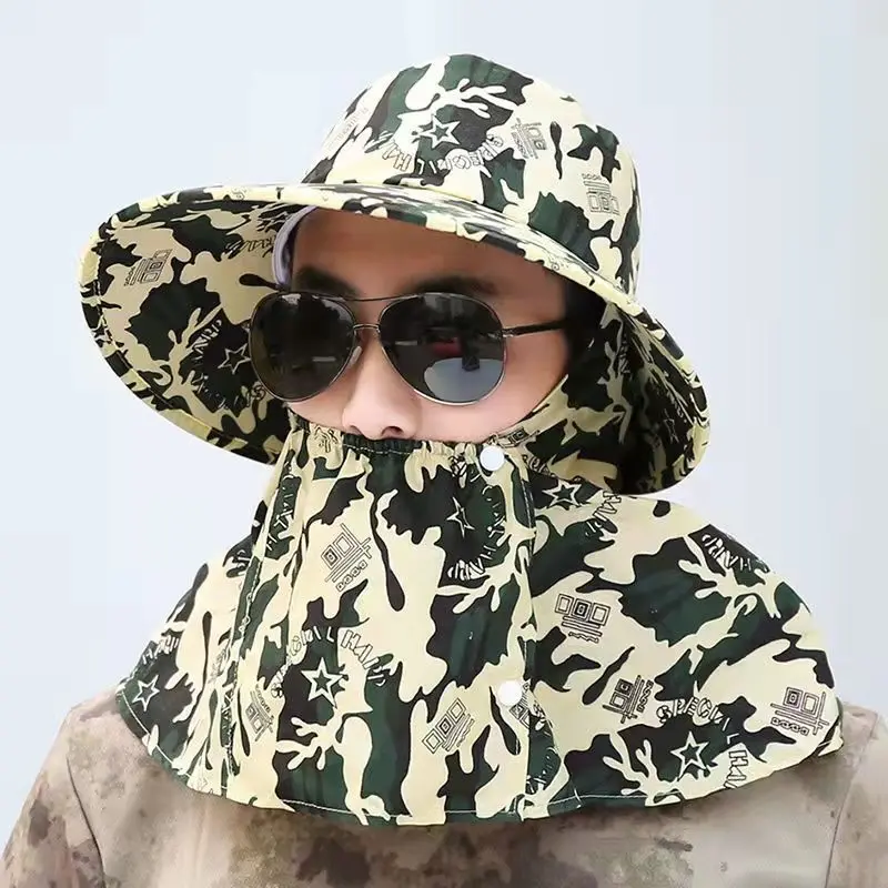 QJC205 Men Camouflage Outdoor UPF50 Summer Sun Hat Wide Brim Rolling up Fishing Hat Neck Flap Bucket Hats