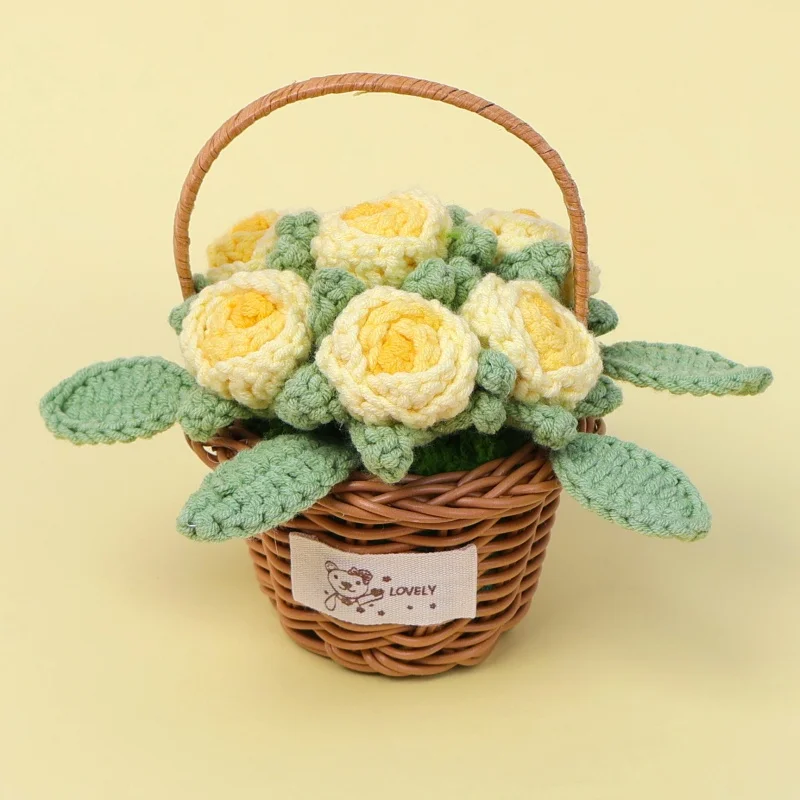 H366 Finished Hand Knit Wool Crochet Multi Roses Small Flower Basket Handmade Rose Arrangement Holiday Gift