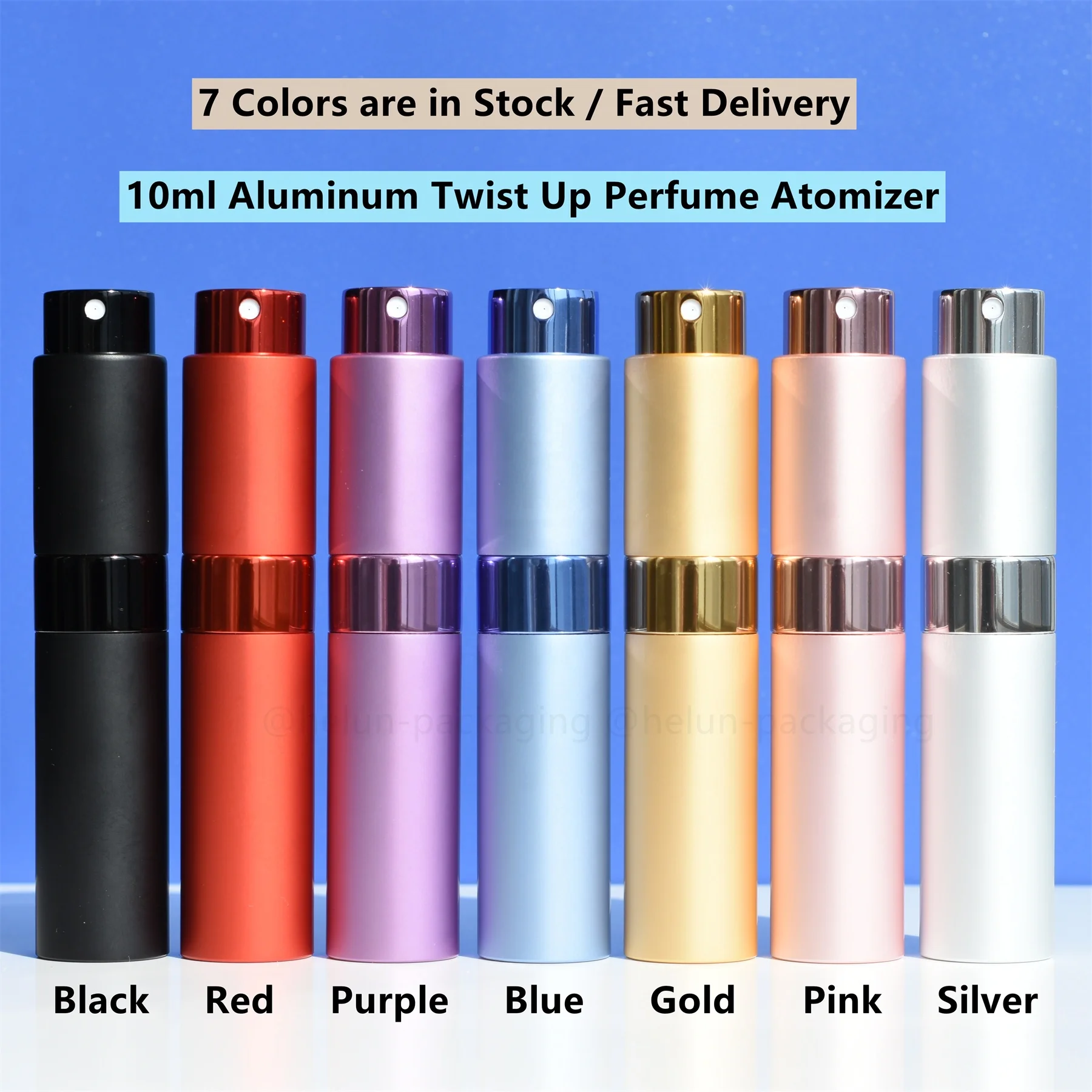 HeLun Top Quality 10ml Luxury Portable Refill Empty Mini Travel Frost Round Aluminum Metal Twist Up Spray Pump Perfume Atomizer
