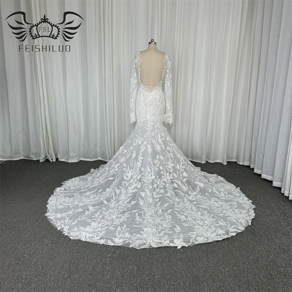 FEISHILUO Luxury Bead Lace  Mermaid Wedding Dresses long Sleeves Ivory Bridal  Dress Gown Custom Made