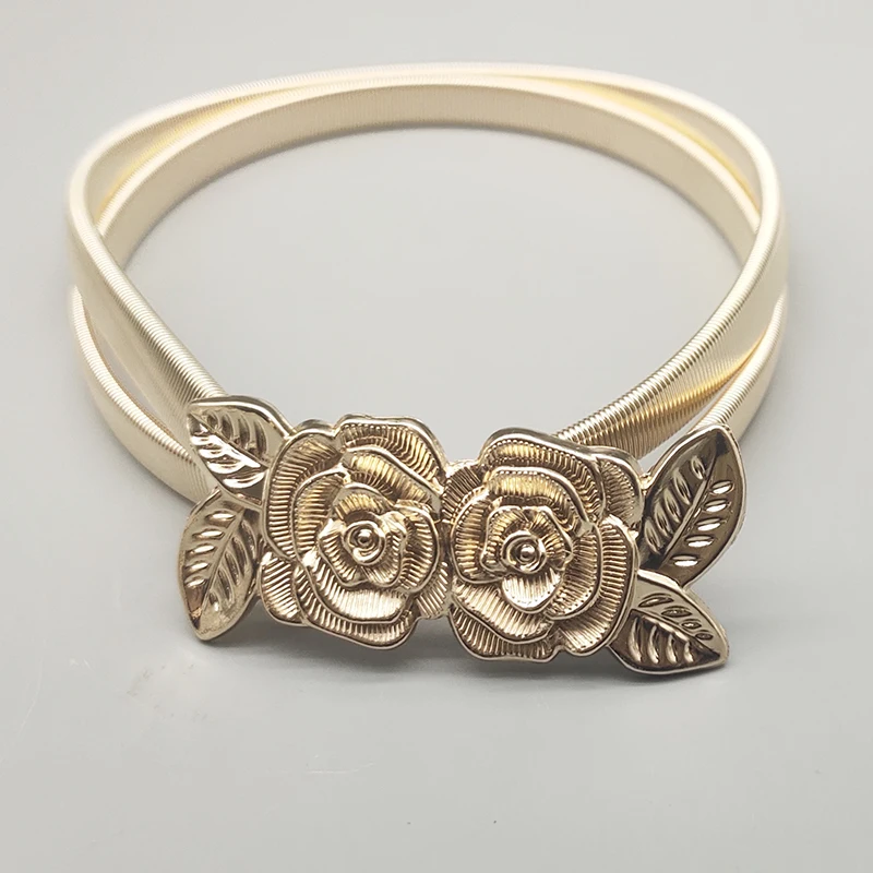 Fashion Lady Gold Skinny Metal Waist Belt Gold Two Flower  Buckle Waistband Elastic Metal Chain Belt For Dress