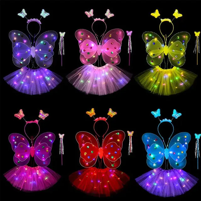 Glowing Butterfly Wings Girl Back Decoration Led Flashing Toys Wonderful Magic Wand Flower Fairy Set For Birthday Party