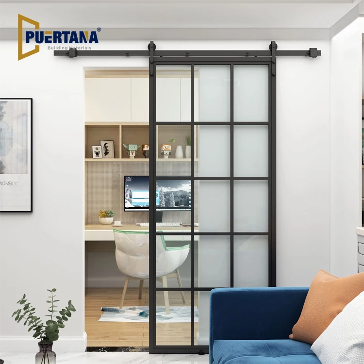 Custom Metal Black Framed Steel Look Aluminium Internal Aluminum Interior Sliding Glass Barn Door Slab